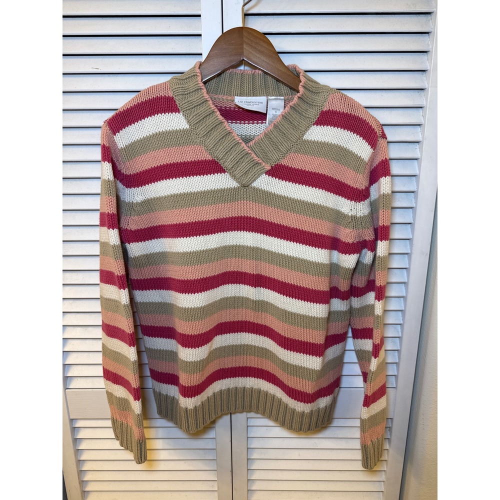 Liz Claiborne Lizwear Jeans Petite V-Neck Striped Knit Sweater Pink Tan Small